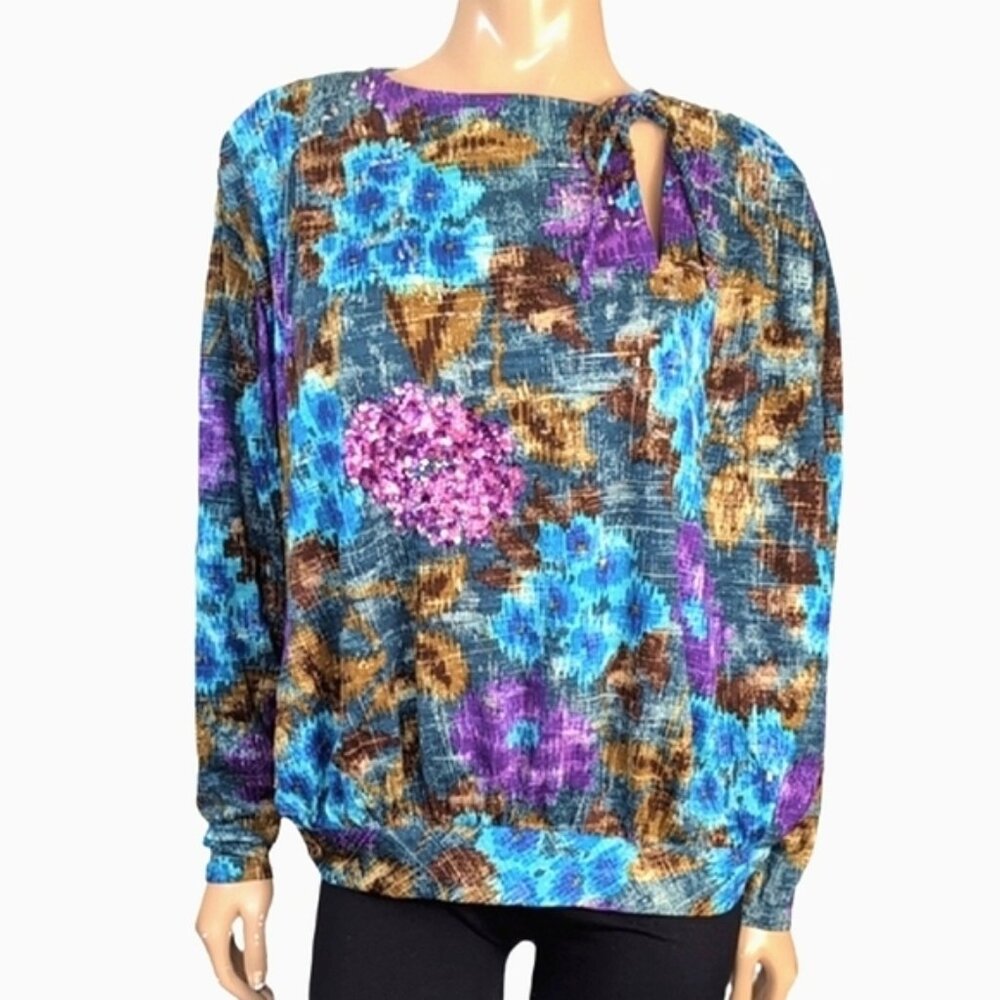 Vintage Grazia Fava Wool Blouse Womens Medium Blue Purple Sequin Beaded Top
